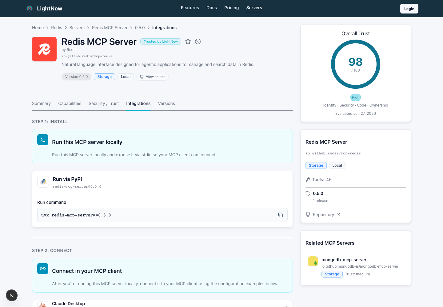 LightNow Redis MCP Server integrations tab with install command and client setup sections.
